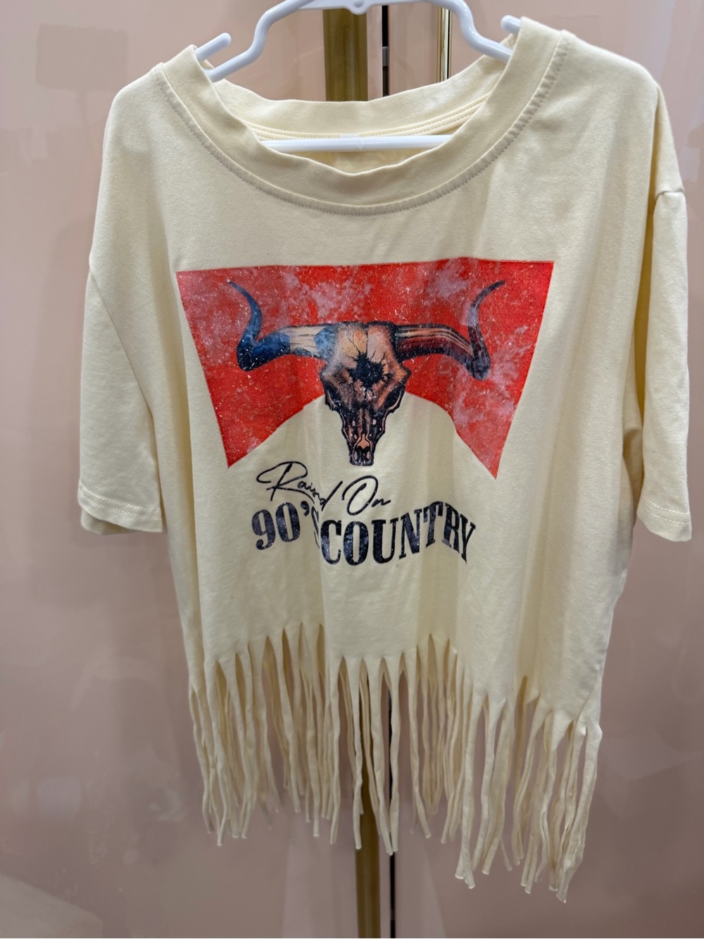 Womenâs Cream Fringe Graphic Tee with Bull Skull